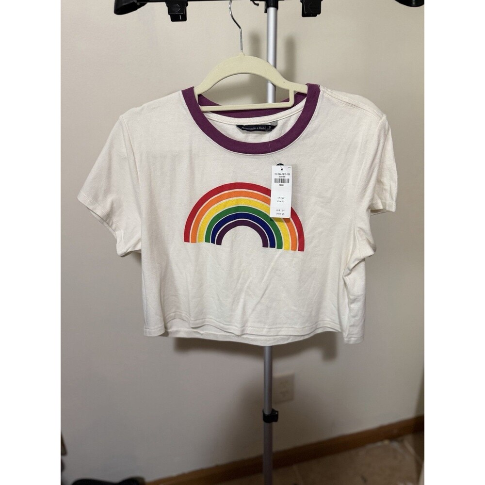 NWT Abercrombie & Fitch Women’s White Purple Cropped Rainbow T-Shirt S